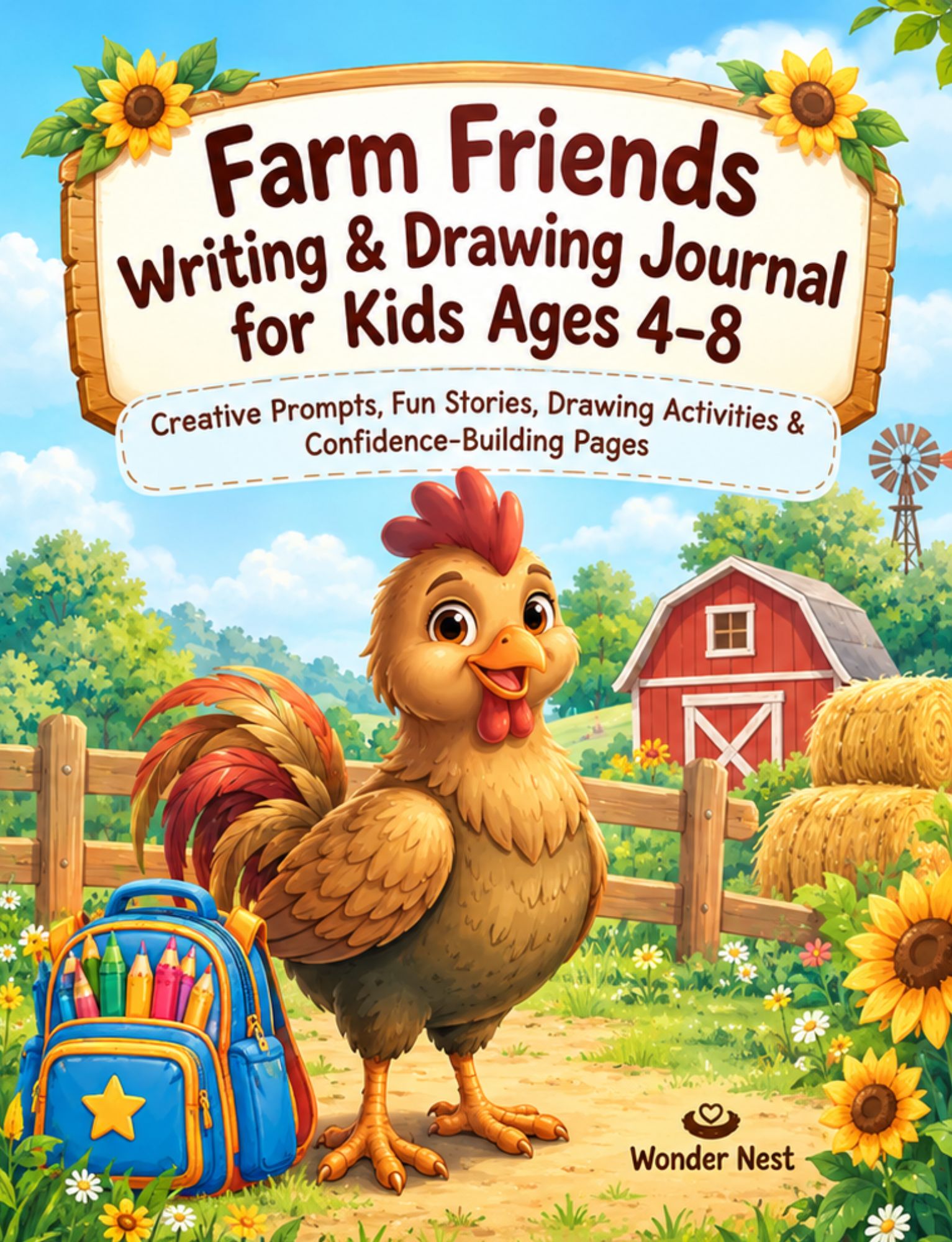Cover of the Wonder Nest book Farm Friends Writing & Drawing Journal for Kids Ages 4–8